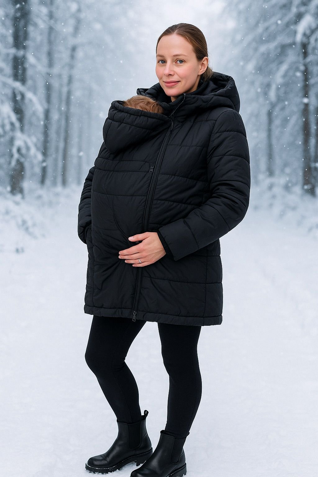 Maternity coat and over a winter baby carrier