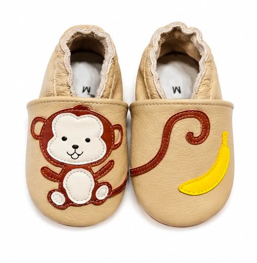 Pre-Walking and First Steps Baby Shoes Made of Soft Leather - Monkey