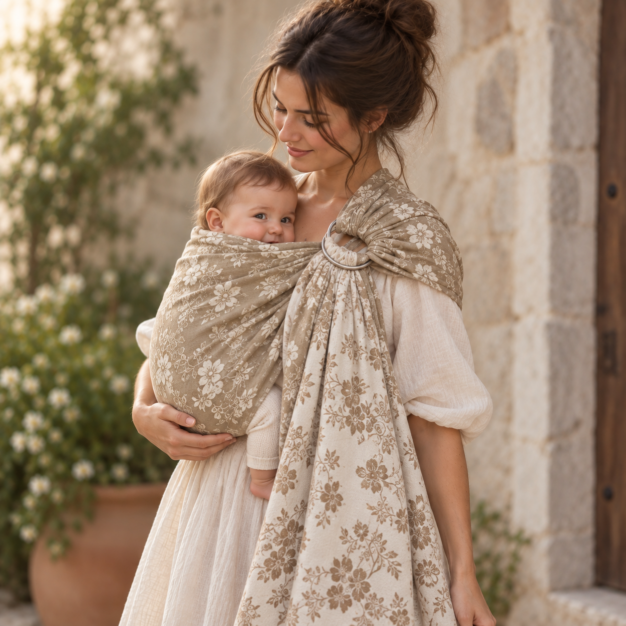 Topa-Top Woven Baby Wrap Cream Coffee Flowers